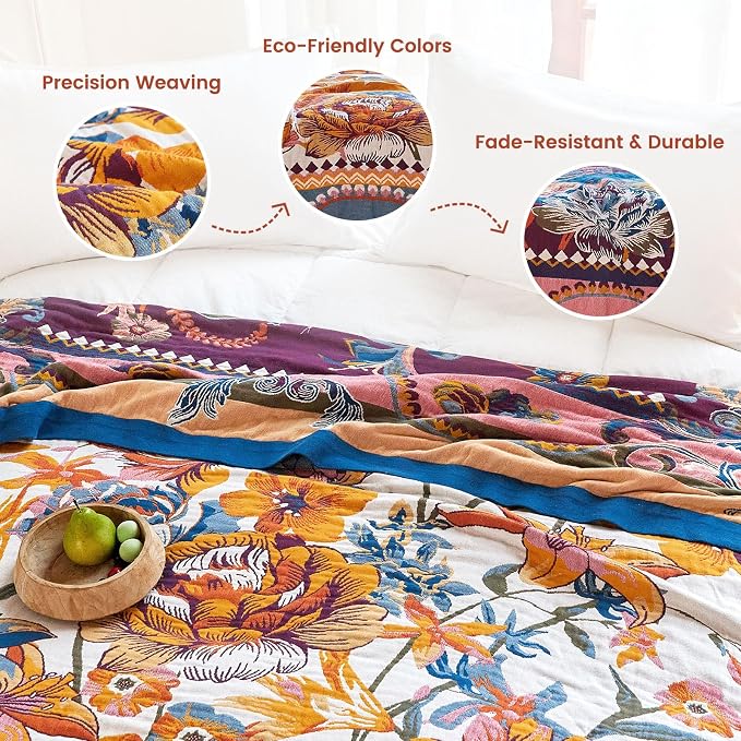 MSGKV Boho Throw Blanket 60"x80" Bed Floral 100% Cotton Blanket Summer Breathable Lightweight Twin Couch Blankets All Seasons Home Decor Muslin