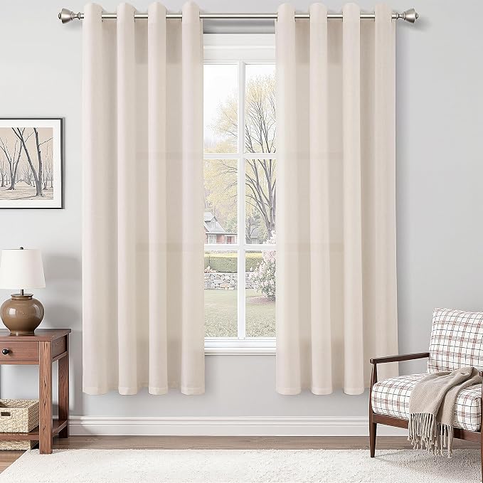 Beige Linen Curtains 72 Inches Long for Living Room 2 Panels Set Grommet Beige Linen Sunlight Filtering Semi Sheer Curtain Soft Natural Boho Farmhouse Drapery for Dining Room Bedroom Window 52x72