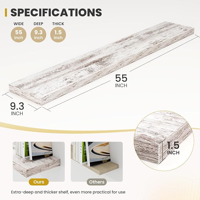 Acovy 55 Inch Floating Shelves, 9.3" Deep Floating Shelf Wall Mounted, 56" Wall Shelves, Rustic Deep Bookshelf, Large Display Shelves & Storage Shelves for Bedroom, Living Room, Rustic, Set of 2