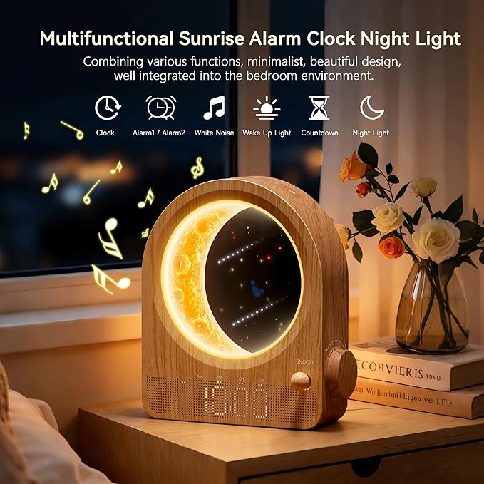 blonbar Sunrise Alarm Clocks with Dimmable Moon Lamp, 2 Alarm Clocks with 12Levels Volume for Heavy Sleepers, 10 Natural Sounds with 30/60/90mins Timer for Bedrooms, Gifts for Women (brown woodgrain).