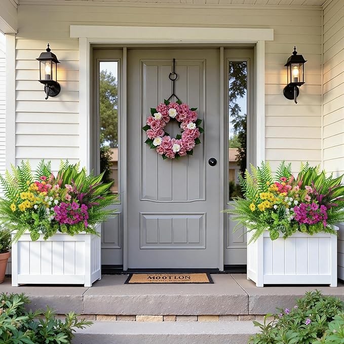 Alupssuc 48Pcs Artificial Flowers and Plants,UV Resistant & No Fade Fake Plastic Greenery Shrubs for Home Garden, Pathway, Front Porch-Spring Summer Decor, Indoor/Outdoor Use,Rosy Purple Yellow Pink