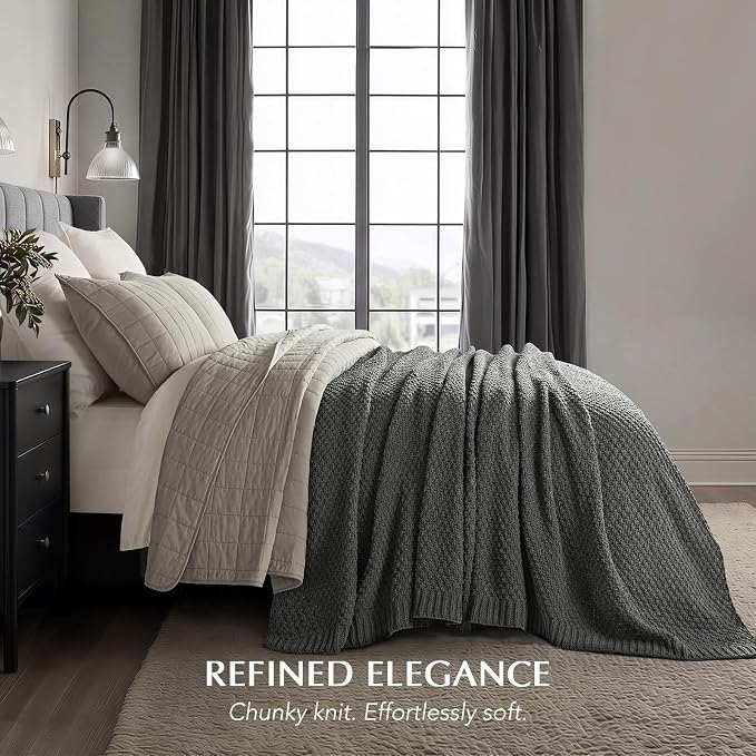 EVERGRACEHOME Chunky Chenille Knit Throw Blanket for Couch, Soft Luxurious Oversized Queen Moss Stitch Blanket for Bed, Cozy Farmhouse Knitted Throw for Sofa, Charcoal Gray, 90" x 90"