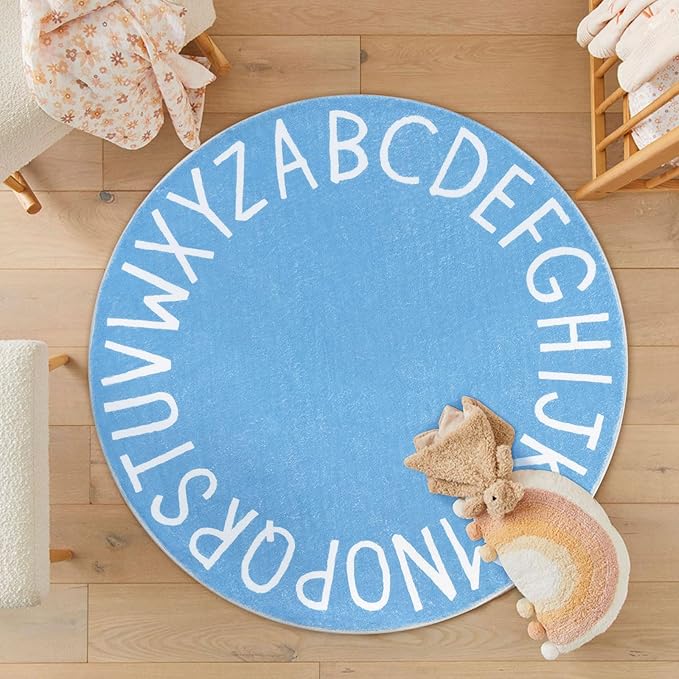 Topotdor Round Kids Play Rug Alphabet Nursery Area Rug Extra Large Soft Crawling Play Mat for Children Toddlers Bedroom (71 inch, Sky Blue)