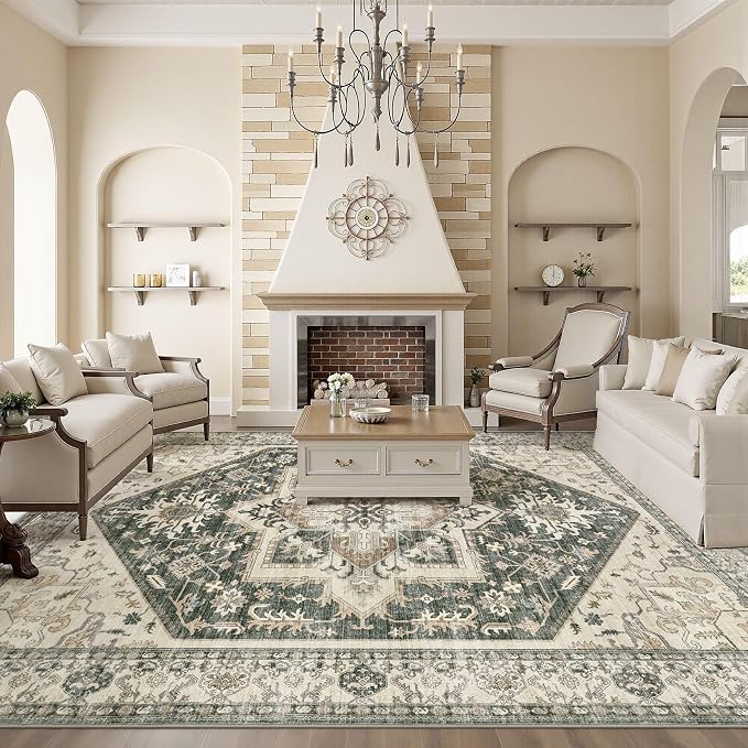 9x12 Area Rugs for Living Room - Large Carpet Ultra Thin Soft Washable Oriental Vintage Floral Distressed Rug Big Indoor Carpets for Bedroom Nursery Dorm Home Decor Aesthetic - Vintage Green