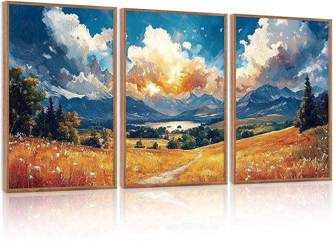 LHIUEM Mountain Wilderness Sunset Framed Canvas Wall Art,Nature Country Scenery Wall Decor,Field Pine Tree Landscape Artwork for Living Room,Bedroom,Dining Room,Farmhouse -16"x24"x3
