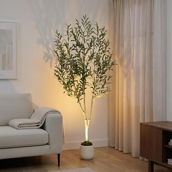 6ft Lifelike Artificial Olive Tree with Light, White Pot, Moss & LED | 943 Vein-Detailed Leaves · 52 Olives · 4ft Wired USB LED with Switch · Moss Included · Shapeable Branches · Zero Maintenance