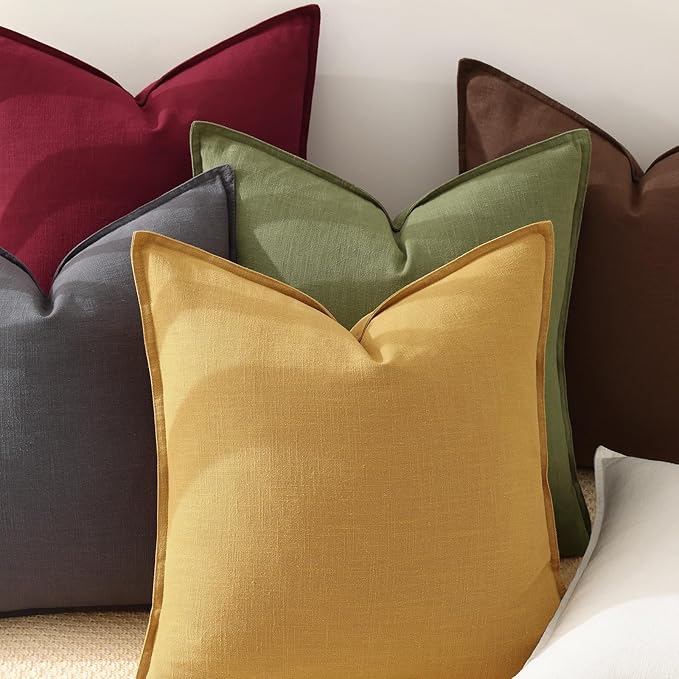 decorUhome Summer Decorative Linen Throw Pillow Covers 18x18 Inch Set of 2 Mustard Yellow Pillow Covers with Flange Edges Soft Farmhouse Boho Accent Pillow Cases for Couch Bed Living Room