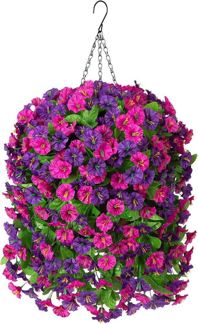 INXUGAO Artificial Flowers with Hanging Basket, Outdoor Faux Plants Silk Morning Glory Vines, Fake Green Arrangement for Garden Patio Spring Summer Decor(4pcs,Purple Red Violet)
