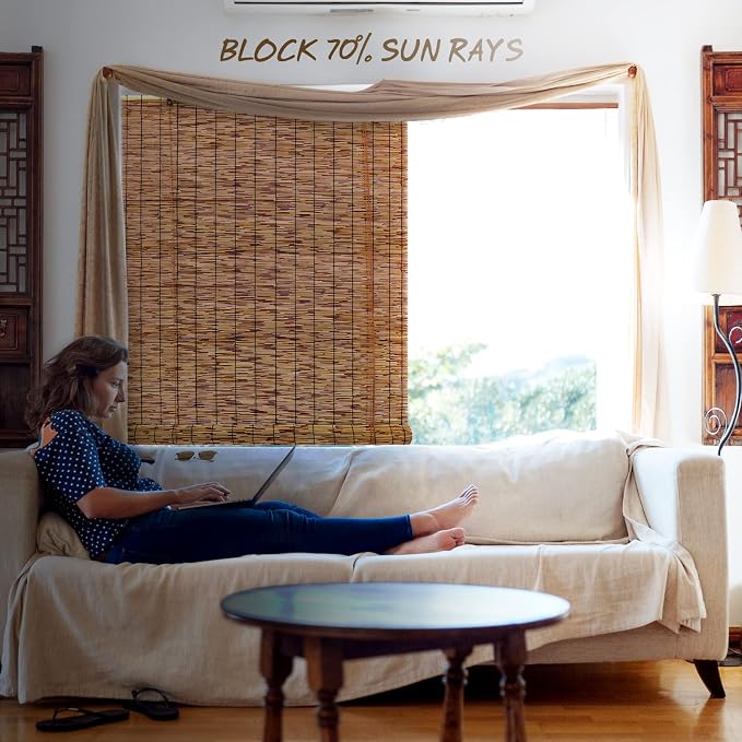Bamboo Roll-up Shade,2 Pack Roller Shutters Retro Curtains,47" W x 71" H Window Blinds for Outdoor Patio