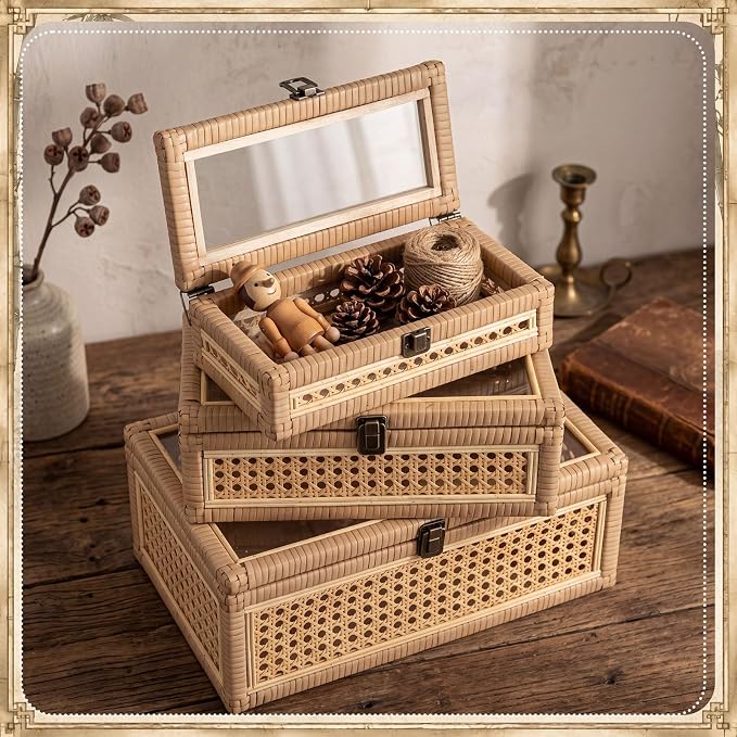 Yalikop 3 Pcs Large Rattan Display Box with Glass Lid Set, Handwoven Boho Rectangular Storage Box, Memory Wicker Jewelry Boxes, Natural Decorative Bin, Multipurpose Shelf Baskets for Home Organization