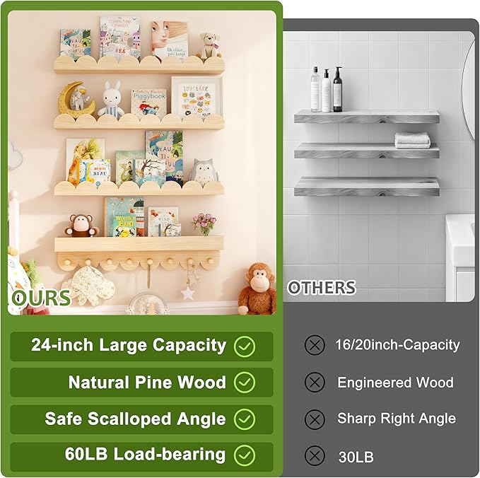 24 Inch Floating Shelves for Wall, 4-Pack Nursery Book Shelves with Hooks, Scalloped Shelves, Wall Book Shelves for Kids Room, Toddler Room, Baby Room, Nursery Decor