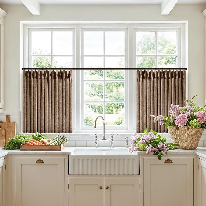 Rust Brown Pinch Pleated Cafe Curtains 24 Inch 2 Panels Vintage Country Light Filtering Linen Blend Small Window Curtain for Kitchen Dining Room Semi Sheer Privacy Flax Pleat Drapes 24 Inches Long