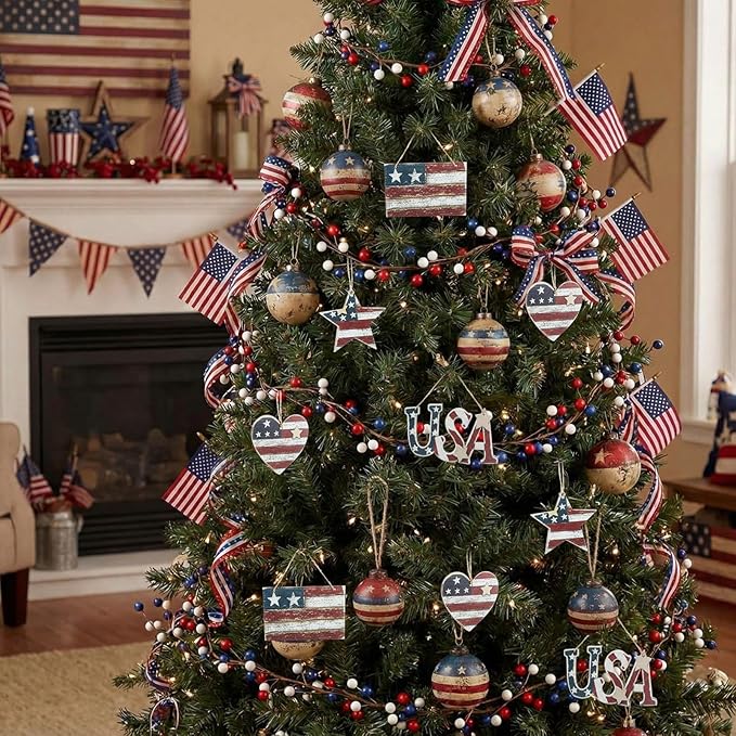 Junkin 24 Pcs 4th of July Wooden Ornaments Vintage Patriotic Tree Decorations Rustic Stars Hearts Flags USA Red White Blue Hanging Ornaments for 250th Anniversary Memorial Independence Day Party Decor