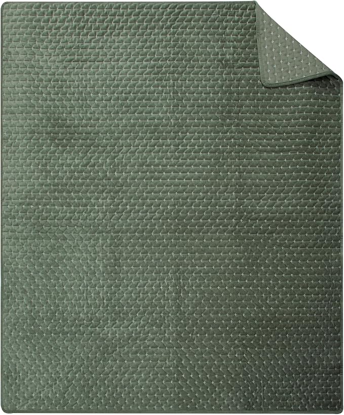 Levtex Home - Velvet Stitch - Throw - Cross Stitch Velvet - Green with White - Quilt (50x60in.) and Sham 50x60in. - Polyester