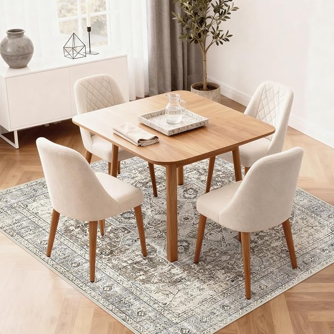 Tortania 8' Square Area Rug Living Room Rugs - Washable Boho Rug Vintage Oriental Distressed Farmhouse Large Thin Indoor Carpet for Bedroom Under Dining Table Home Office - Brown Blue