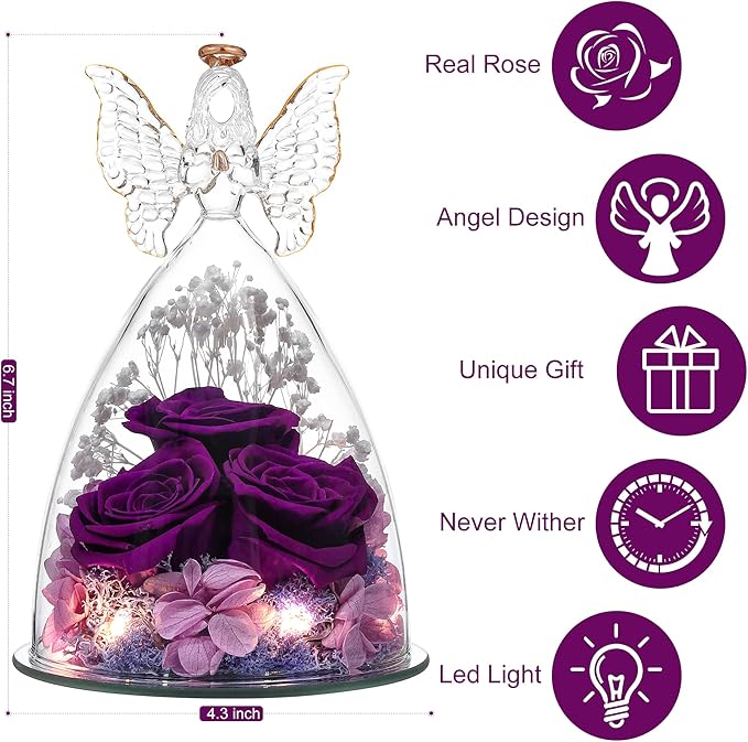 Mothers Day Rose Gifts for Women Preserved Real Flower in Glass Angel Figurines Roses for Delivery Prime Birthday Gifts for Mom Grandma Girlfriend Wife Her - Purple
