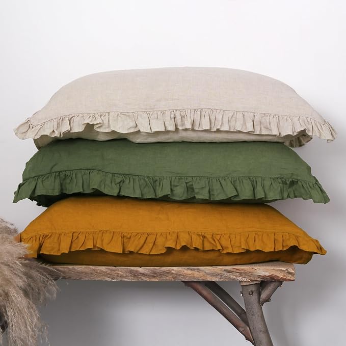 Linen Ruffled Pillow Cases,100% French Natural Linen Pillowcase Set of 2,Decorative Boho Pillow Cases Ruffle Bedding King Size (20''x40''),Olive Green