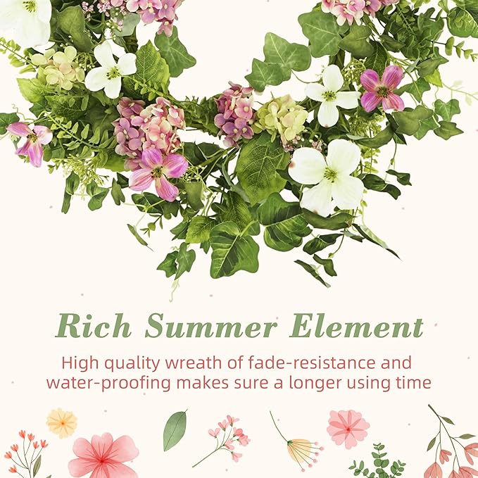 YNYLCHMX 18" Spring Summer Wreaths for Front Door, Artificial Floral Wreath with Pink Hydrangea Green Eucalyptus Leaves, Green Foliage Wreath for Wall Window Farmhouse Party Holiday Home Decor