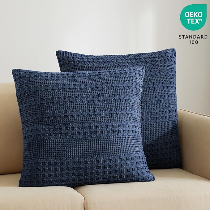 PHF 100% Cotton Waffle Weave Euro Sham Covers, 2 Pack 26" x 26" Bed Pillow Covers for Elegant Home Decor, No Filling, Luxury Aesthetic Soft Euro Pillow Cases for Bed, Blue Sapphire
