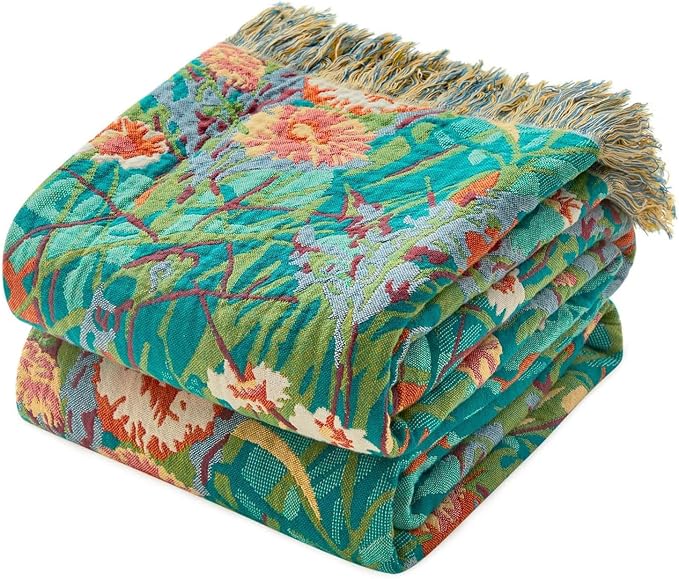 MSGKV Boho Throw Blanket 50"x60" Floral Blankets for Couch 100% Cotton Chair Sofa Throws Lightweight Farmhouse Muslin Summer Breathable Bed Blankets Home Decor All Seasons
