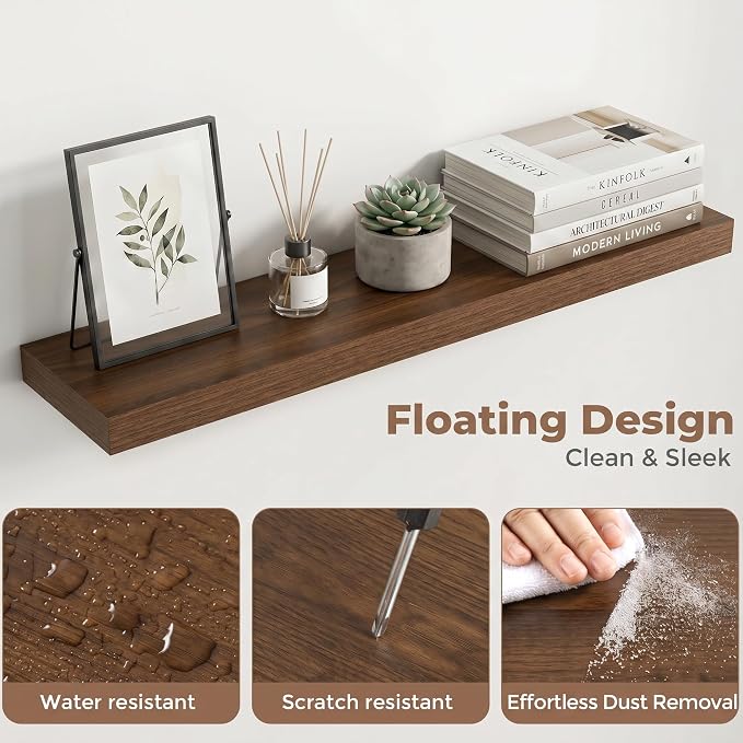 Venusmiles Floating Shelves for Wall, 30 Inch Floating Shelves Set of 2, 6.5" D Wooden Wall Mounted Display Shelves with Invisible Brackets for Living Room, Bedroom, Bathroom, Kitchen Decor, Walnut