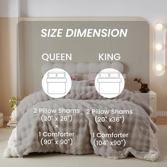 Simple&Opulence Fluffy Faux Fur Comforter Set, Plush Fuzzy Minky Bedding Set 3 Pieces Warm Soft Comforter Bedding Set for Winter - 1 Shaggy Comforter with 2 Pillow Shams (King, Oatmeal)