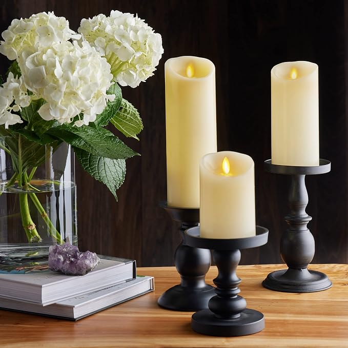 Luminara Scalloped Edge Flameless LED Candle, Warm White, 3" x 8.5", Battery Operated, Moving Flame, Real Wax Pillar with Timer, Vanilla Honey Scented