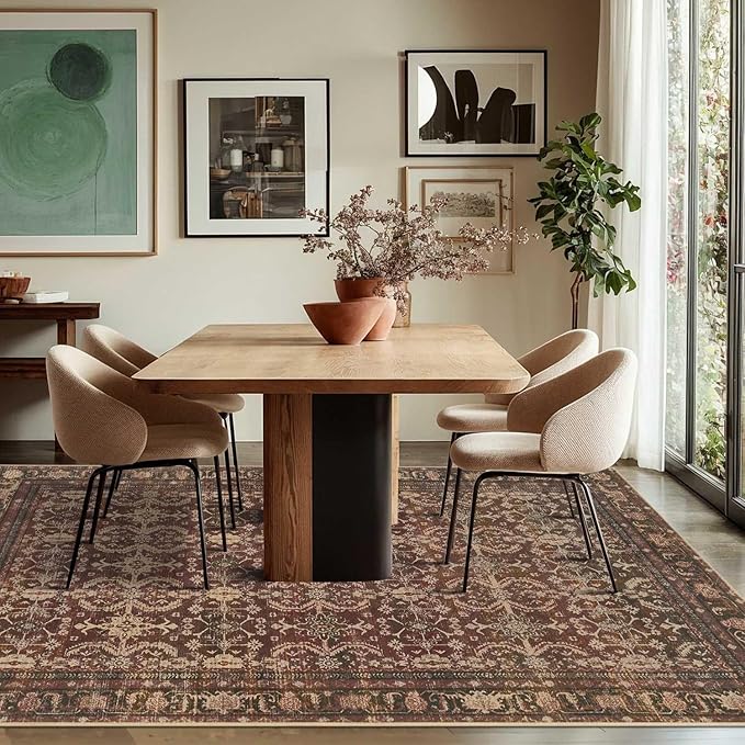 Rugxara Area Rugs for Living Room Bedroom, Washable Christmas Rug, Vintage Oriental Boho Rug, Non Slip & Low Pile Faux Wool Thin Accent Carpet for Indoor Dining Room, Kids Room and Office(Red 4x6ft)