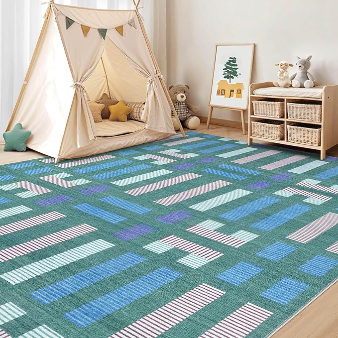 cotiled 5x8 Area Rug Living Room: Washable Boho Rugs with Non Slip Backing Large Soft Indoor Stain Resistant Carpet for Bedroom Farmhouse Dining Room Lightweight Home Decor Green