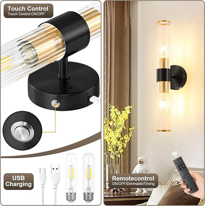 Morauroral Black Gold Battery Operated Wall Sconce, Rechargeable Wall Lights with Remote, 20 Inch Modern Wireless Wall Lamp for Bedroom, Living Room with Clear Glass Shade (Bulbs Included)