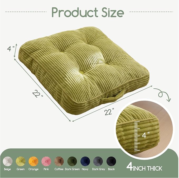 HIGOGOGO Floor Pillow Cushion for Adults, Meditation Cushion Pillow, Large Square Floor Sitting, Tufted Corduroy Cover, for Tatami Living Room or Yoga, 22x22 Inch, 2Pack, Green