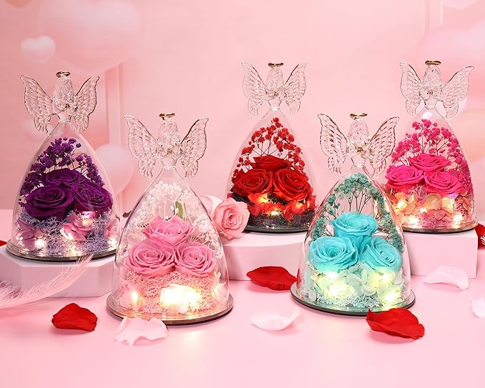 Mothers Day Rose Gifts for Women Preserved Real Flower in Glass Angel Figurines Roses for Delivery Prime Birthday Gifts for Mom Grandma Girlfriend Wife Her, Full Purple