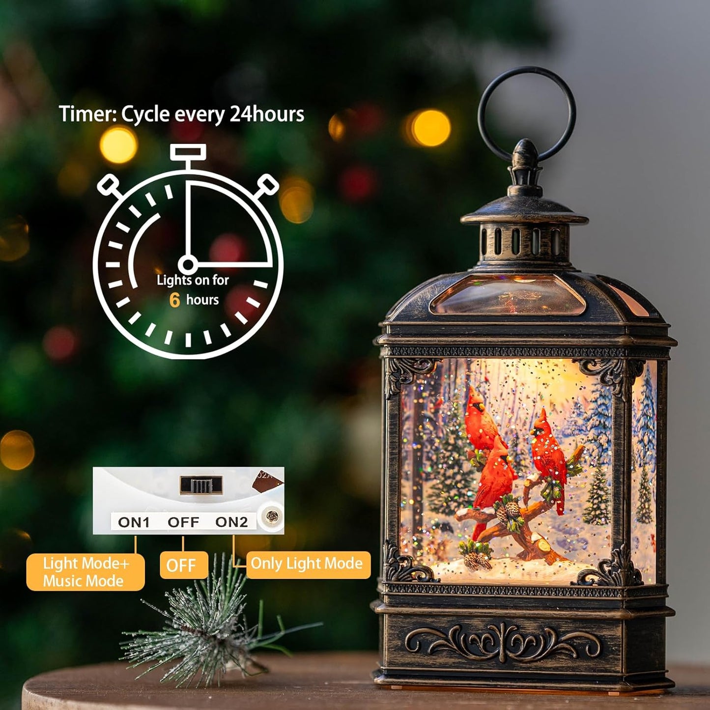 Christmas Snow Globe Water Glittering Cardinal with Music, USB Lined/Battery Operated Lighted Lantern for Christmas Festival Decoration Gifts