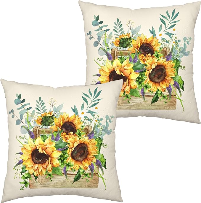 Spring Summer Floral Pillow Covers 24X24 Yellow Sunflowers Decorative Pillow Case Set of 2 Watercolor Flowers Cotton Linen Cushion Case for Outdoor Patio Living Room Car