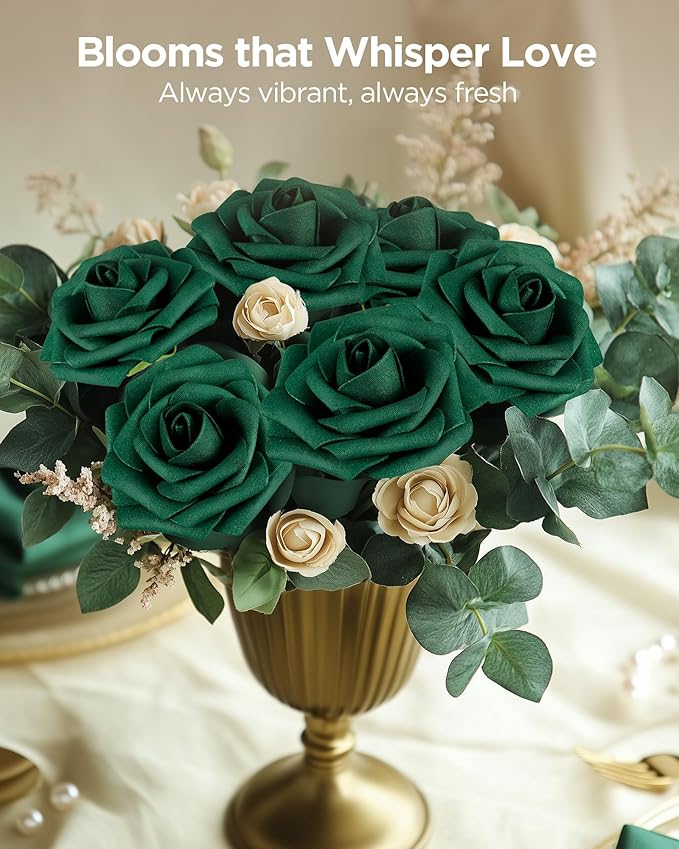 InnoGear Artificial Flowers, 50 Pcs Hunt Green Foam Fake Roses Bulk with Stems for St. Patrick's Decoration DIY Wedding Bouquets Centerpieces Bridal Shower Party Valentines Christmas Tree