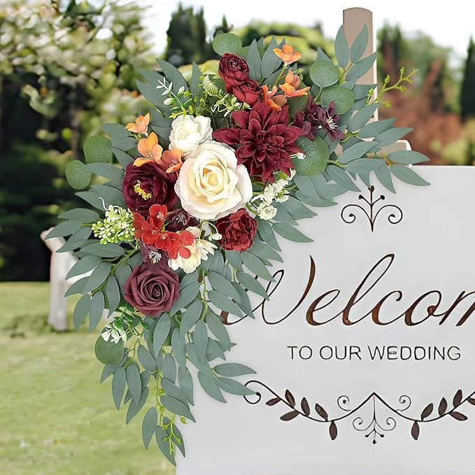 Wedding Arch Flowers, Burgundy Artificial Arch Flowers Floral Swag for Wedding Backdrop Welcome Sign, Ceremony Retirement, Birthday, Party Decorations (Burgundy)