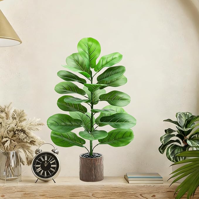 2 Pack Artificial Fiddle Leaf Fig Tree 30in, Large Realistic Faux Ficus Lyrata Plant with Wood-Grain Pot Table Top Faux Plant for Indoor Outdoor Home, Office, Living Room, Bathroom Decor