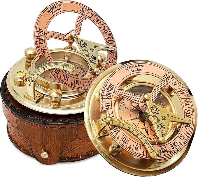 Personalized Engraved Antique Brass & Copper Sundial Compass, Sundial Clock in Leather Box Gift Sun Clock Ship Replica Watch