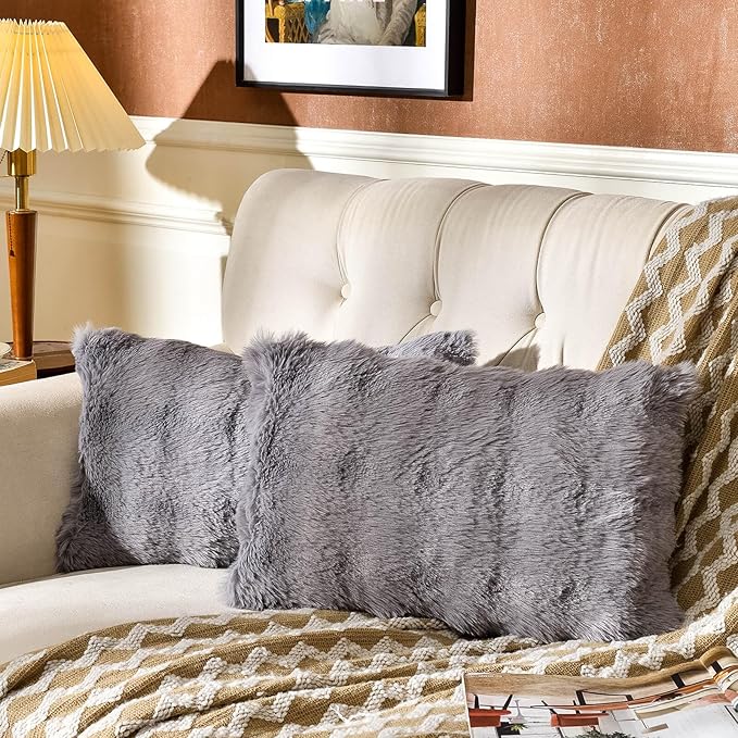 AmHoo Pack of 2 Throw Pillow Covers 3D Dense Faux Rabbit Fur Cozy Super Soft Fuzzy Set Case Cushion for Couch Sofa Bedroom 12 x 20-Inch Grey