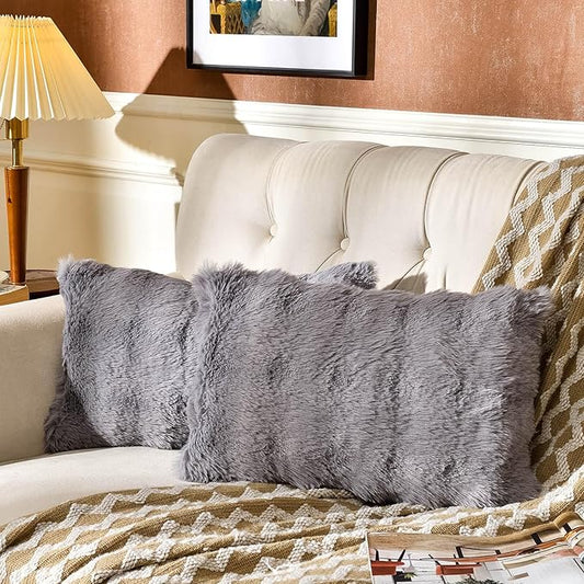 AmHoo Pack of 2 Throw Pillow Covers 3D Dense Faux Rabbit Fur Cozy Super Soft Fuzzy Set Case Cushion for Couch Sofa Bedroom 12 x 20-Inch Grey
