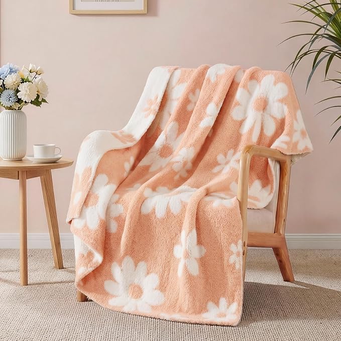 WRENSONGE Soft Throw Blanket for Couch-Cozy Reversible Knitted Blankets | Lightweight Warm Fluffy Decor for Women, Mom, Her & Girls, Sofa, Chair, Bed, 50x70in,Daisy Floral Peach Orange