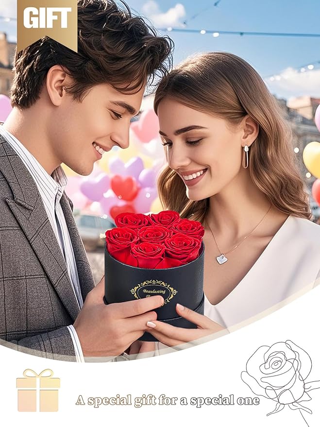 Beaulasting Long Lasting Preserved Roses in a Box Last a Year Forever Flowers for Her Mom Wife Anniversary Birthday (Round Black Box)