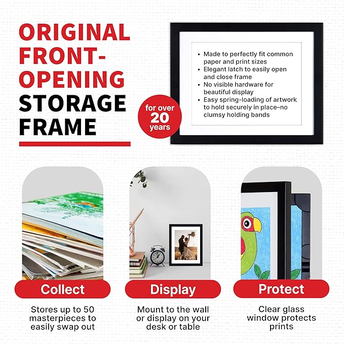 Dynamic Frames Li’l Davinci Art Cabinet, Stores up to 50 Pieces of 9x12 inch Art, Outer Wooden Frame 11.75 x 14.75 inches, Kids Art Frame, Front Opening, Universal Hanging, Black