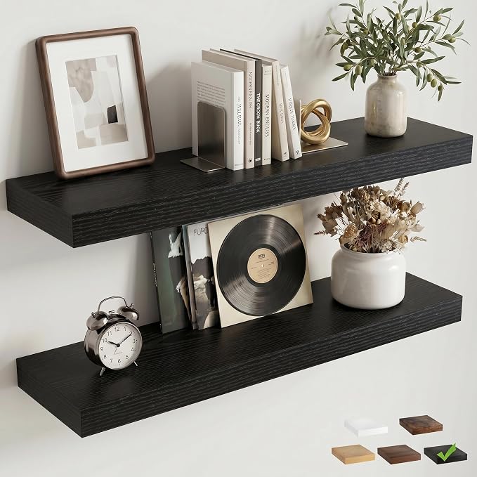 30 Inch Floating Shelves for Wall, 8"D Wood Storage Shelves, Black Finish | Engineered Wood, Invisible Bracket, Large Storage, Easy Install, Hold Up to 44lbs, Living Room, Bathroom, Bedroom, Kitchen