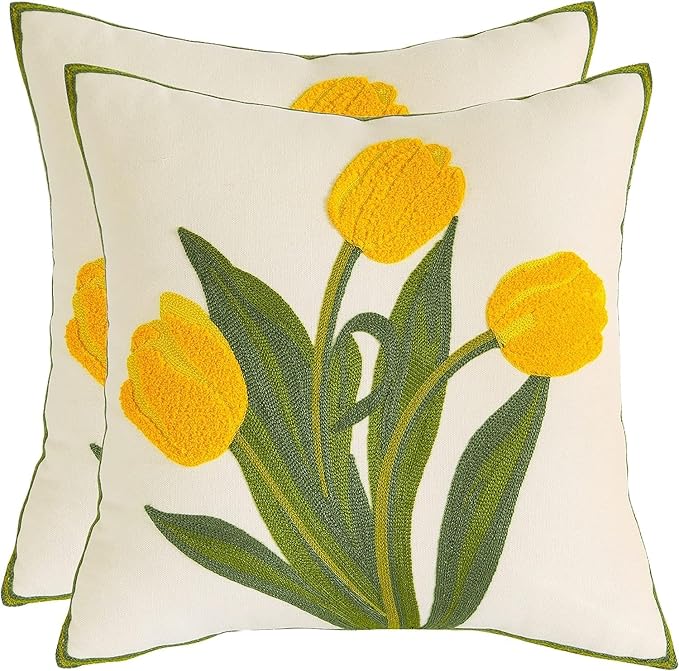 Spring Pillow Covers 16x16 inch Pack of 2 Yellow Tulip Flower Embroidery Throw Pillow Covers Square Farmhouse Floral Summer Decor Pillow Case for Couch Cotton Canvas Cushion Cover