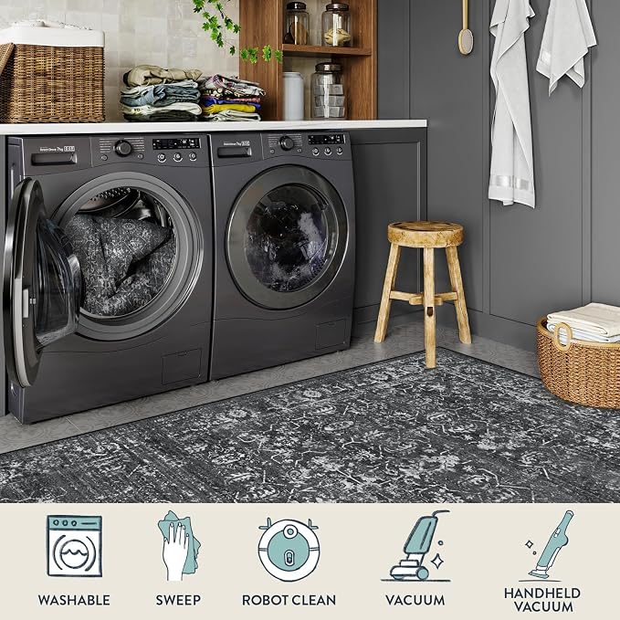 Lahome Margot Washable Black 4x6 Area Rugs for Living Room Bedroom, Boho Vintage Non Slip Stain Resistant Floor Dining Room Carpet for Office Entrance Decor
