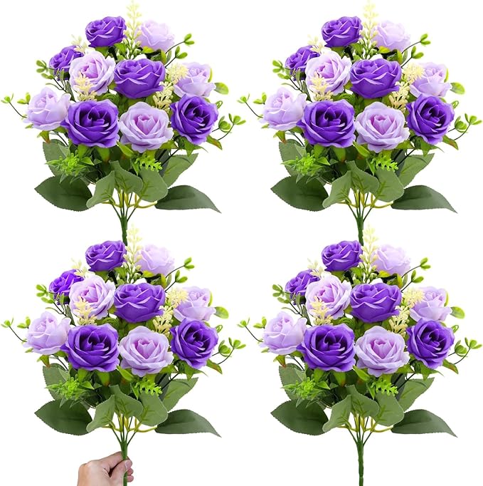 TURNMEON 40 Heads Fake Roses Artificial Flowers for Outdoors, 4 Bouquets UV Resistant Fake Flower Bouquet Faux Silk Roses for Wedding Birthday Party Home Mother's Day Cemetery Summer Decor(Purple)