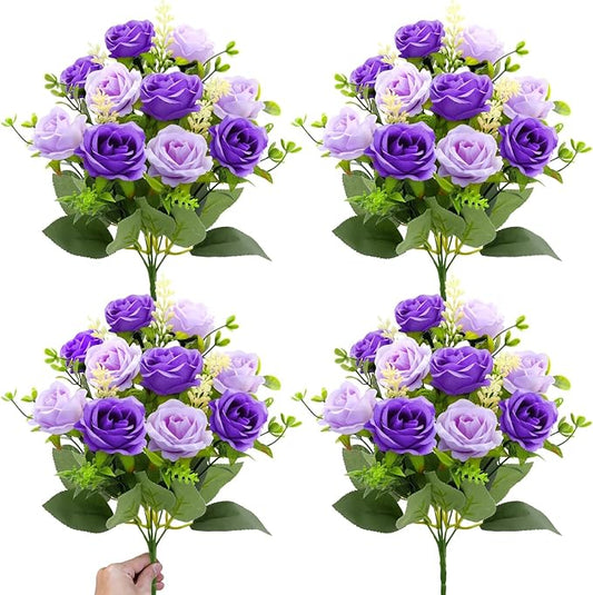 TURNMEON 40 Heads Fake Roses Artificial Flowers for Outdoors, 4 Bouquets UV Resistant Fake Flower Bouquet Faux Silk Roses for Wedding Birthday Party Home Mother's Day Cemetery Summer Decor(Purple)