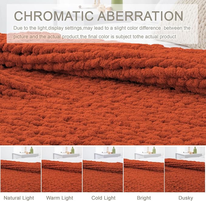 Chunky Knit Throw Blanket 60x80, 100% Handmade Chenille Yarn | 6.7lbs Soft Thick Cable Knitted Blankets, Large Rope Knot Crochet Throws for Couch Sofa Bed Thanksgiving Fall Decor, Rust