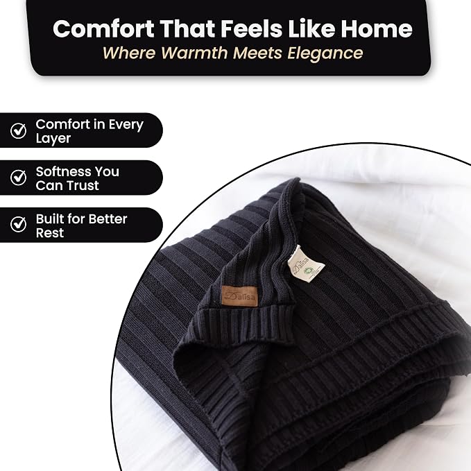 100% Organic Cotton Knit Blanket Denise -Soft and Lightweight, Breathable All-Season Throw for Bed, Sofa, or Lounge Area -GOTS Certified-Perfect for Home and Bedroom Styling (Black, 60x80)